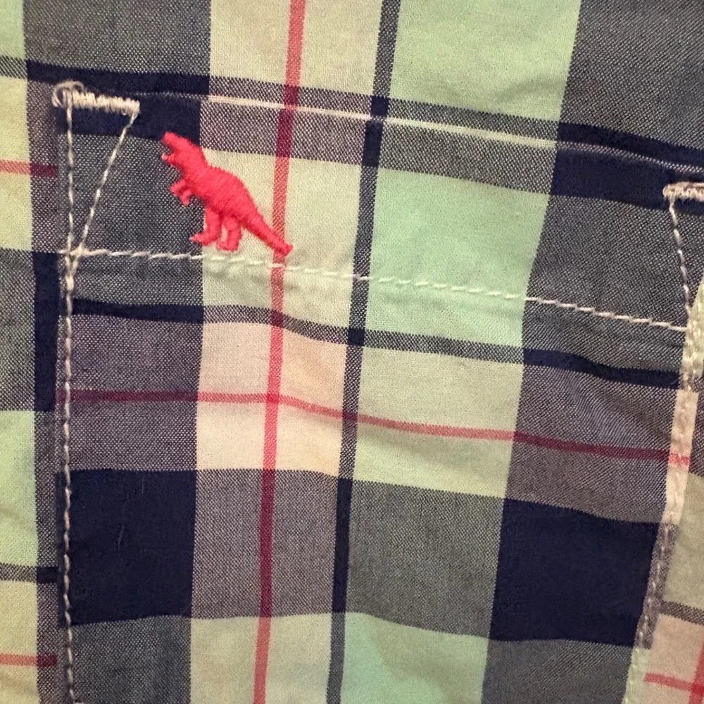 Carters Toddler Boys Green Navy Plaid Dinosaur Button Down Shirt 2T Short Sleeve